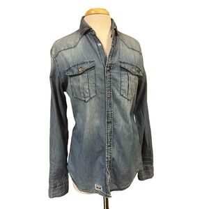 Armani Jeans Slim Chambray Snap-Up Shirt Removable Collar Long Sleeve SZ L